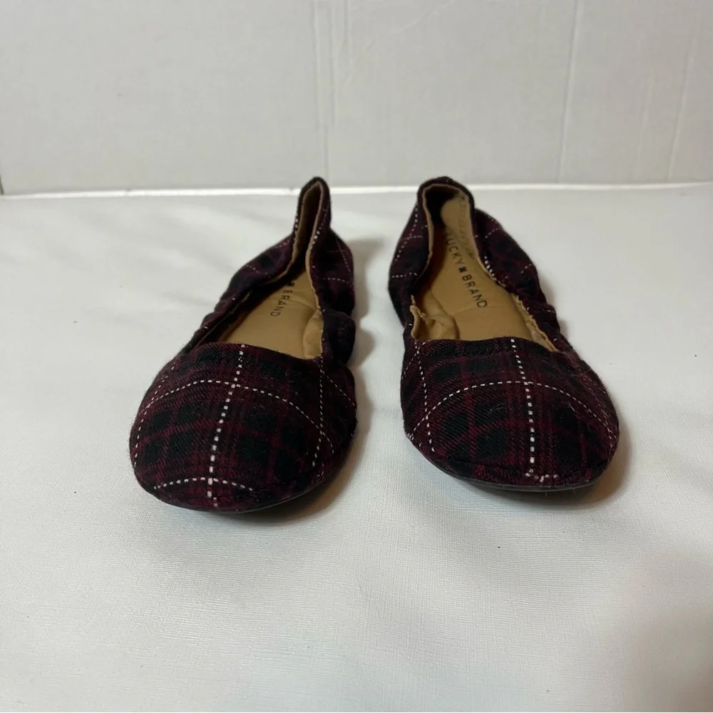 Lucky Brand Erin Plaid Ballet Flats Slip On Burgundy/blk/wht Fabric Shoes Sz 8M